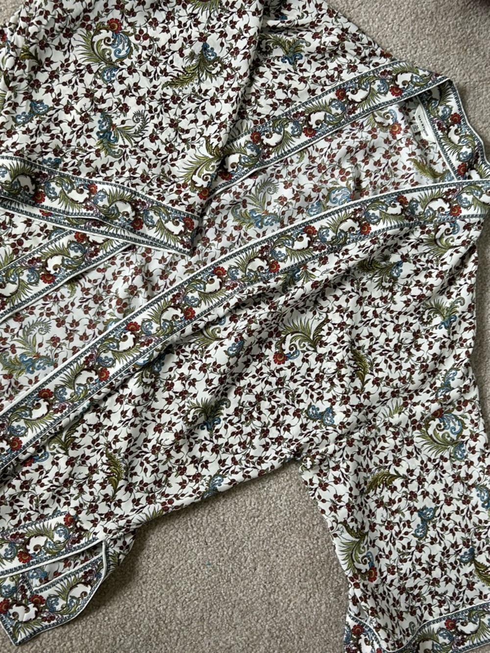Max Studio Cream Blouse with Olive, Rust & Blue Floral Border